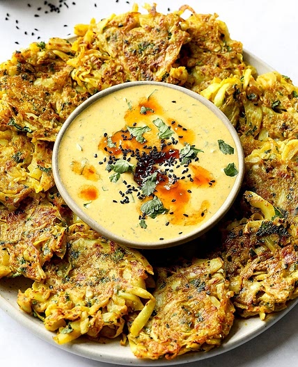 Vegan Cabbage Pancakes with a Chutney Chickpea Dip