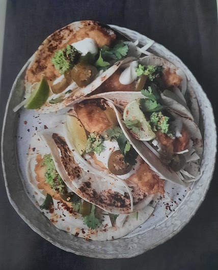 Fish tacos with pea guacamole
