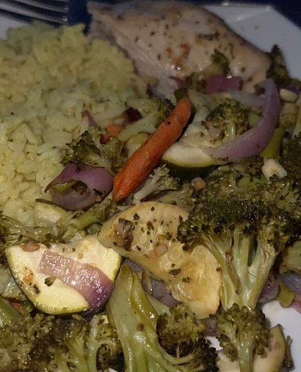 Roasted chicken and veggies with rice