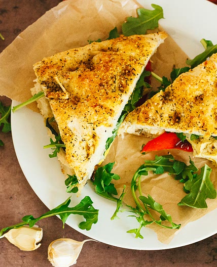 Roasted Vegetable Sandwich with Rosemary Garlic White Bean Spread on Focaccia