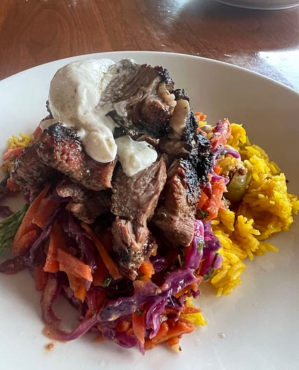 BBQ Lamb Shoulder, Charred Broccolini, Saffron Rice