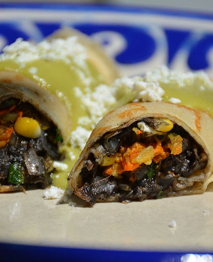 Huitlacoche, Corn & Squash Blossom Crepes with Poblano Sauce