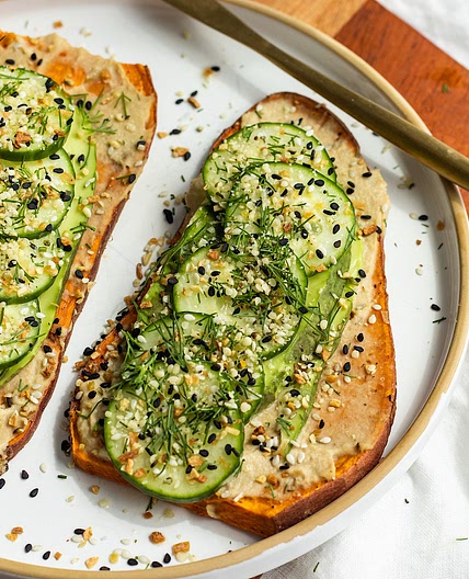 Baked Sweet Potato Toast with Hummus and Avocado