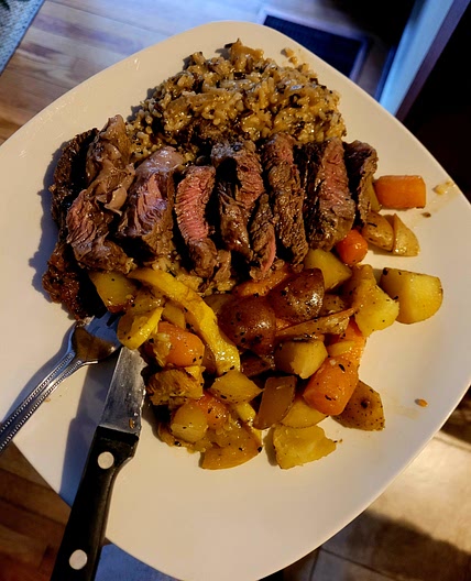 Overnight Steaks rice and sheet pan veggies