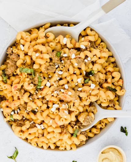 Spicy Sausage Hummus Pasta