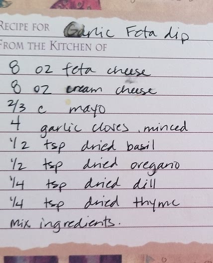 THE Garlic Feta Dip (card from sister)