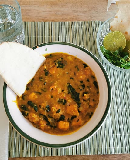 Red Curry Lentils With Sweet Potatoes and Spinach