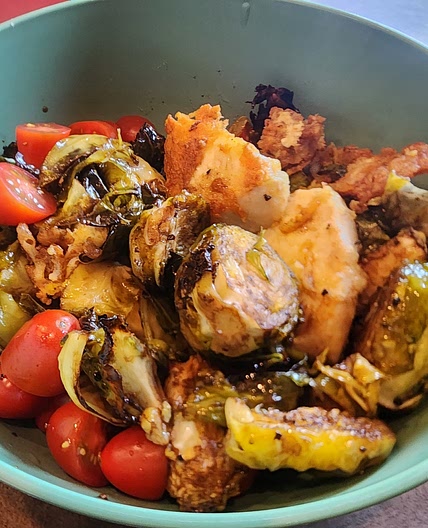 Parmesan chicken with roasted Brussel sprouts and tomatoes