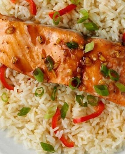 Jasmine Rice and Baked Salmon with Garlic and Worcestershire Sauce