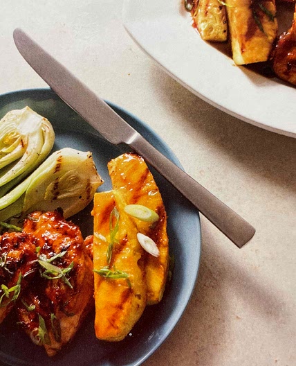 Teriyaki chicken with grilled bok choy and pineapple 