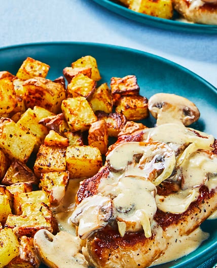 Dijon Mushroom Pork Chops with Crispy Roasted Potatoes