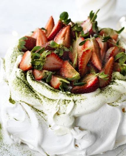 Strawberry matcha pavlova