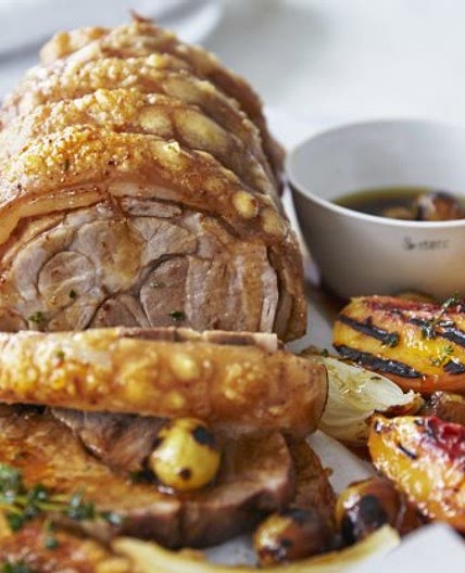 Roasted pork scotch fillet with burnt honey and grilled peaches