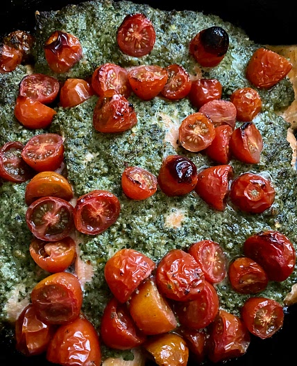 Pesto salmon with roasted vegetables