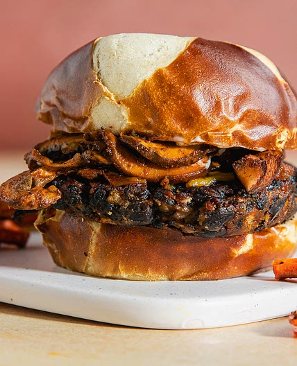 Mushroom Cheddar Black Bean Burgers with Garlic Aioli & Carrot Fries