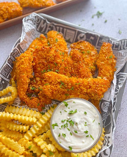 Baked Nacho Cheese Crusted Chicken Tenders