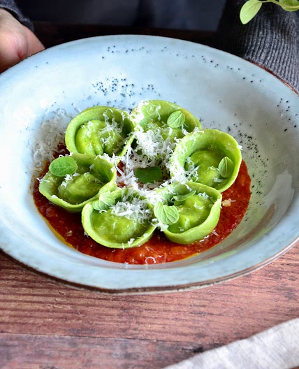 Ricotta and marjoram tortelli with chunky tomato sauce