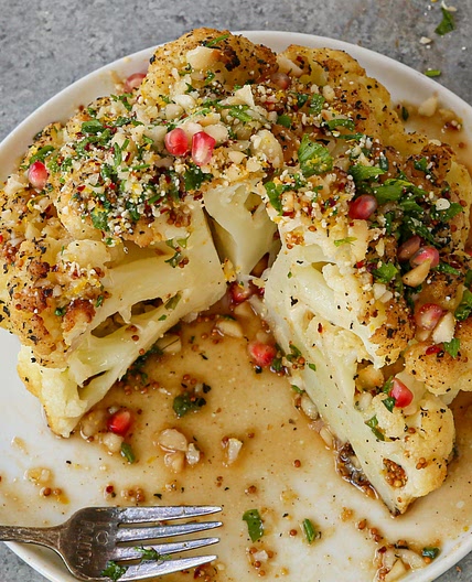 Whole Roasted Maple Mustard Cauliflower with Parmesan-Macadamia 