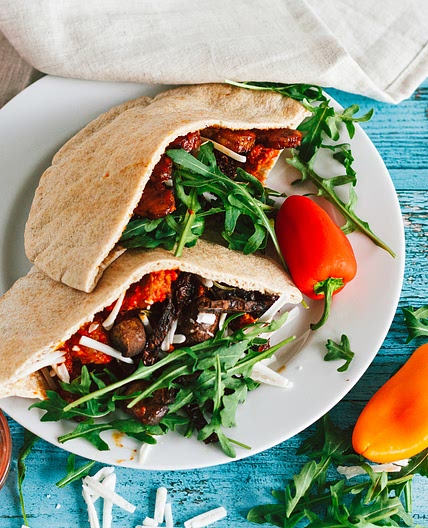 Roasted Red Pepper Vegan Chicken and Tempeh Bacon Pita Sandwiches