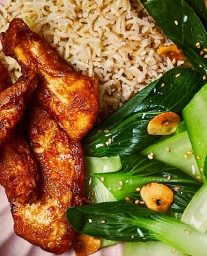 Chicken Karrage with Garlicky Pak Choi