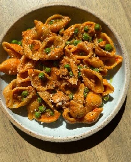 Spicy Goat Cheese Pasta with Sausage and Peas