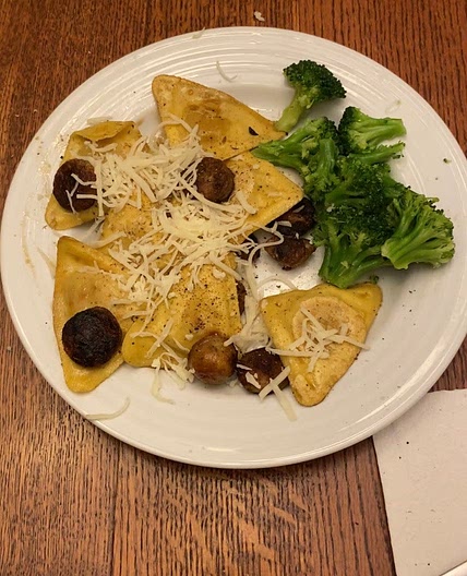 Chicken sausage, ravioli, and broccoli