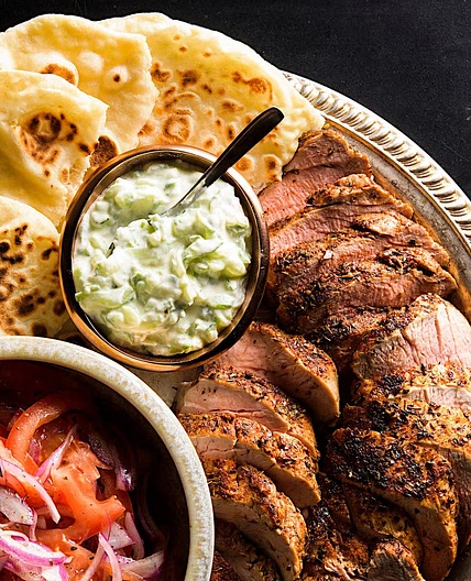 PORK SOUVLAKI WITH TZATZIKI AND TOMATO-ONION SALAD