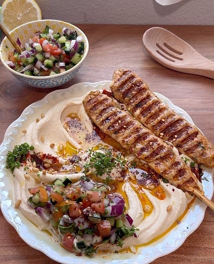Creamy Homemade Hummus w/ Chicken Kufta & Salata