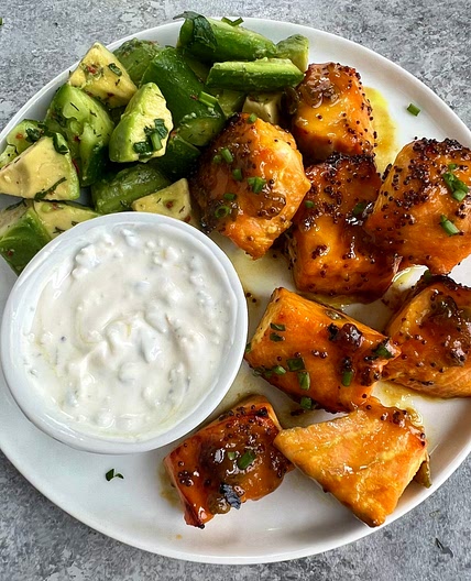 Honey Mustard Salmon Bites with Smashed Cucumber & Avocado Salad