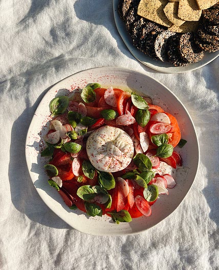Burrata With Tomato, Radish, Turnip & Plum