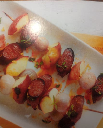 Apple and chorizo skewers and potato salad