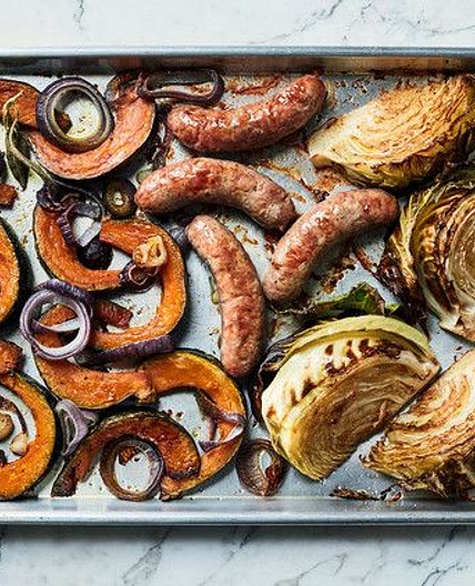 Roasted Sausages with Cabbage and Squash