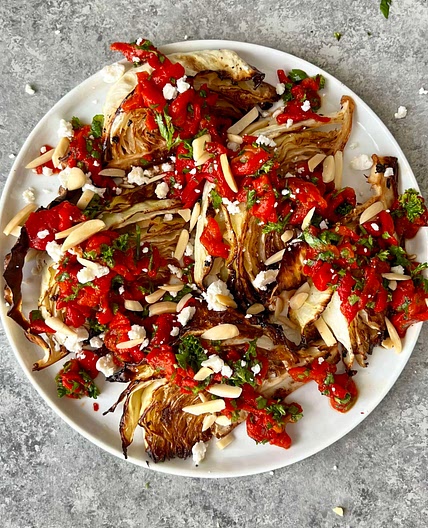 Garlic Butter Roasted Cabbage Wedges w/Roasted Red Pepper Relish
