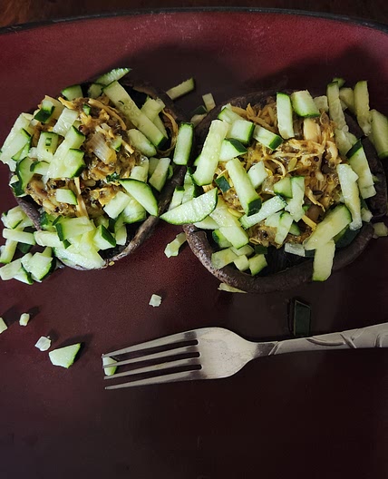 Portabella Caps Stuffed with shredded Chicken, Quinoa, Lentils, and Wild Rice.