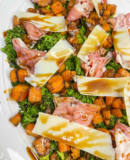 Kale, butternut squash, prosciutto salad 