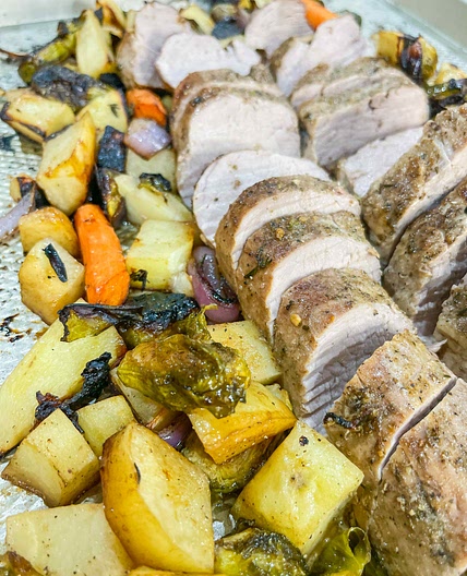 Sheet pan roasted pork loin with veggies 