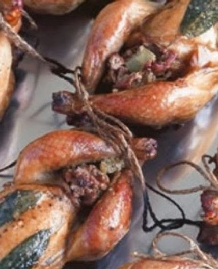 Barbecued poussins with chicken livers, capers & pancetta