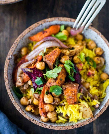 Turmeric Rice Bowl with Garam Masala Root Vegetables & Chickpeas