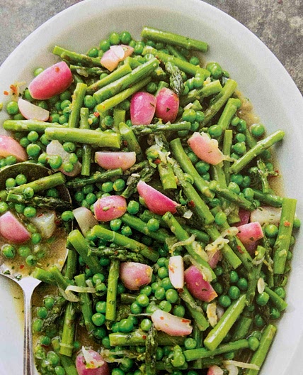 Braised Asparagus, Peas, and Radishes with Tarragon 