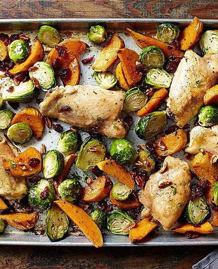 Maple-Roasted Chicken Thighs with Sweet Potato Wedges and Brussels Sprouts