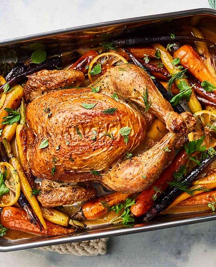 Lemon Roast Chicken With Rainbow Carrots