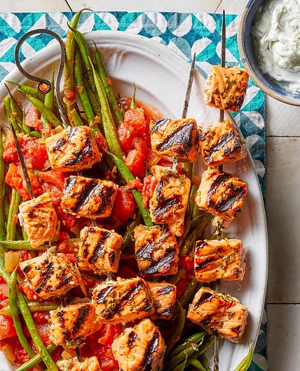 Salmon Souvlaki with Tzatziki & Green Beans