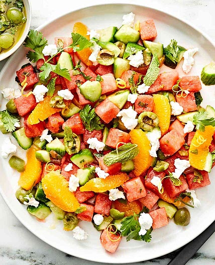 Watermelon, Orange & Cucumber Salad with Castelvetrano Olive Vinaigrette
