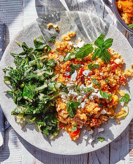 Bulgur Pilaf with Eggplant, Pepper & Tomatoes (Hondros me Melitzanes)