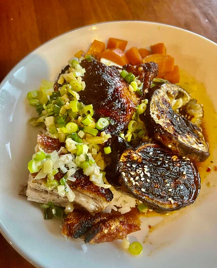 ChineseChicken, Pork Belly, Bok Choy, Eggplant, Rice