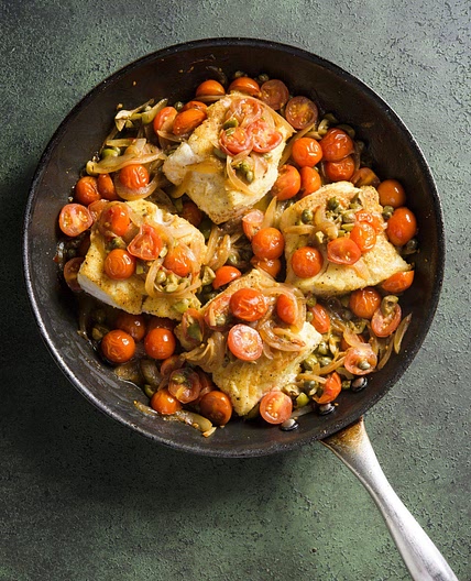 Cod W/ Tomatoes, Olives & Capers