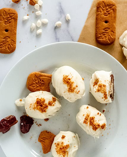 Vegan White Chocolate Covered Cookie Butter Cheesecake Stuffed Dates