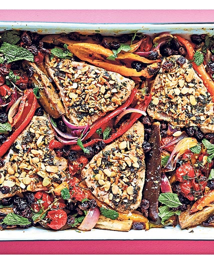 Chermoula roasted tuna, peppers, chickpeas and raisins recipe