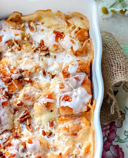 Peach Cream Cheese Cinnamon Roll Breakfast Casserole