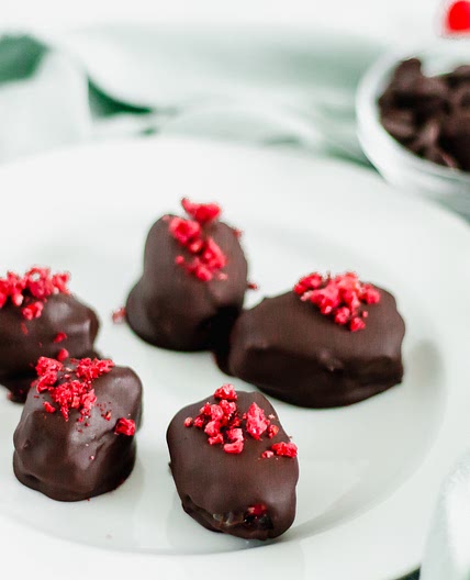 Chia Raspberry Stuffed Dates Covered in Dark Chocolate